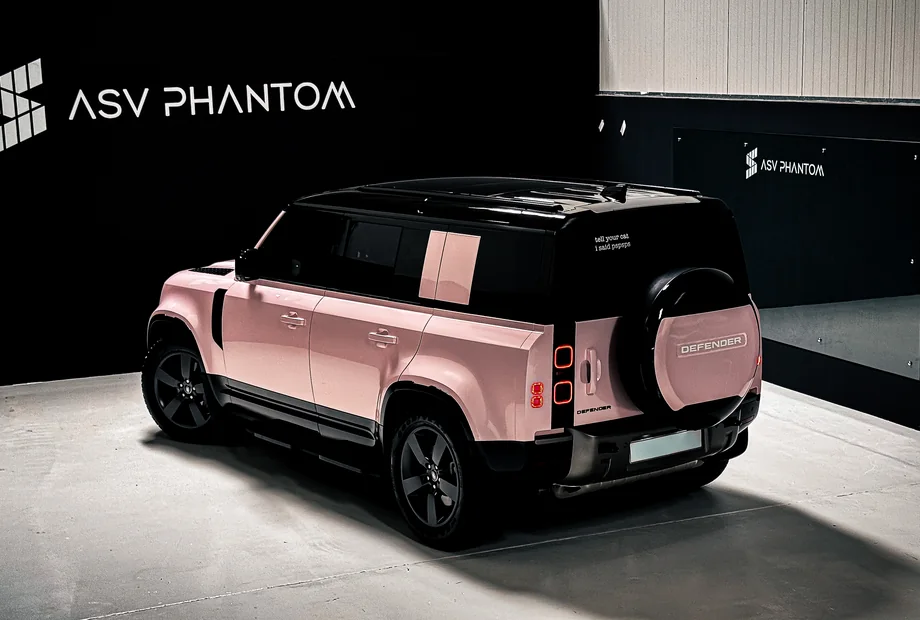 Pink Land Rover Defender Color PPF rear three-quarter view